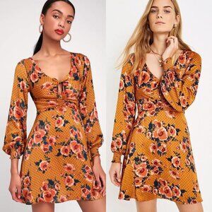 Free People Morning Light Yellow Floral Long Sleeve Mini Dress $128 Size 6